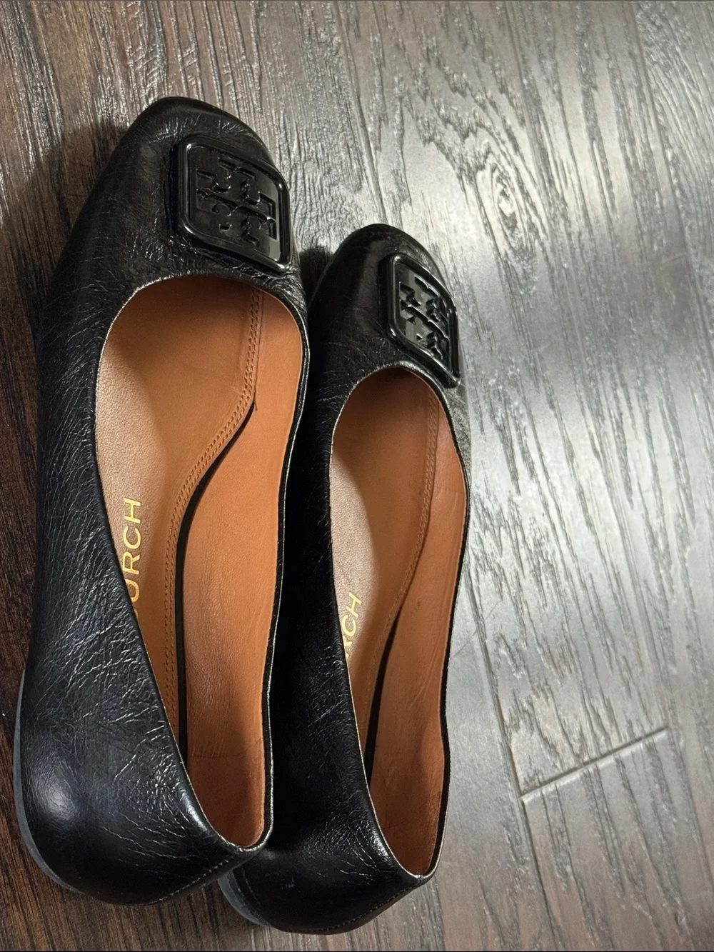 Tory Burch Black Leather Square-Toe Logo Flats